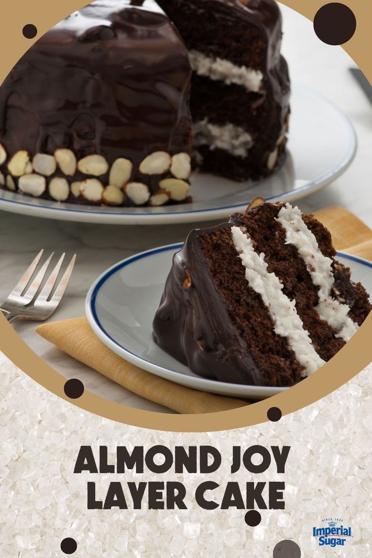 two slices of chocolate cake on plates with the words almond joy layer cake above them