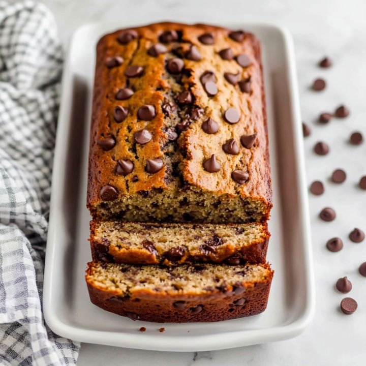 a loaf of chocolate chip banana bread on a white platter next to coffee beans