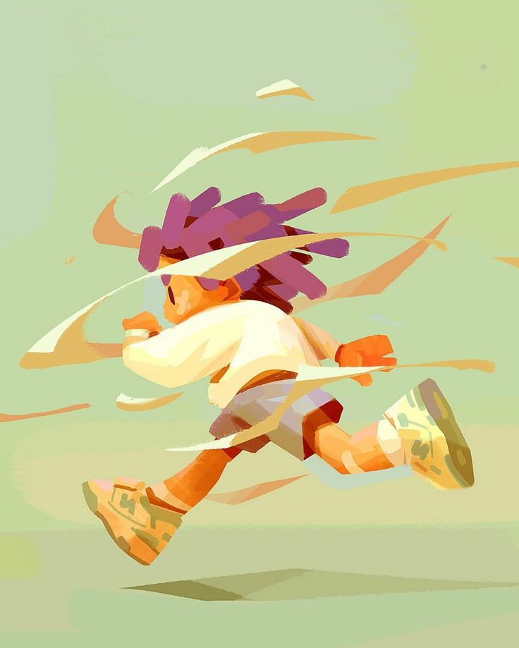 a digital painting of a girl running with her hair blowing in the wind and shoes on