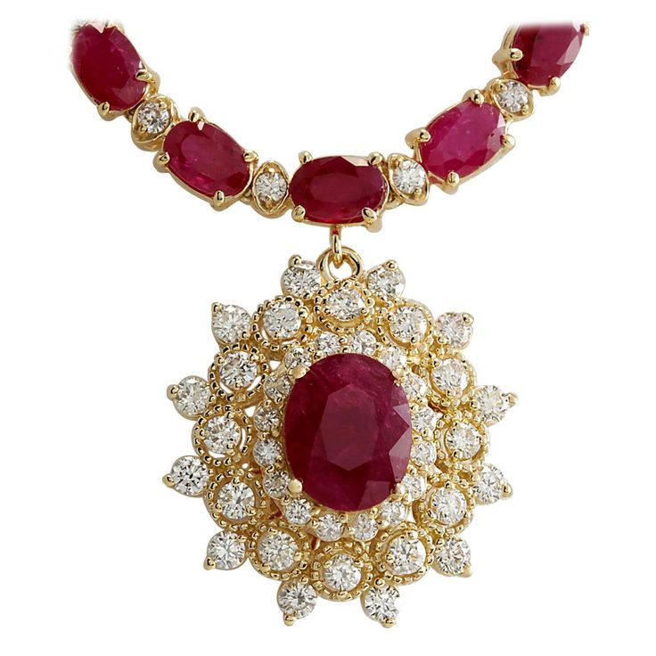 Adorn yourself with opulence by wearing our exquisite 40.45 Carat Natural Ruby 14 Karat Yellow Gold Diamond Necklace. This luxurious piece is crafted from stamped 14K yellow gold, boasting a total necklace weight of 24.0 grams and a length of 17 inches, ensuring a graceful drape around your neckline. At its focal point ruby weighing 3.15 carats and measuring 9.00x7.00 millimeters captures attention. Surrounding the center gem are a total of 34.00 carats of natural side rubies, each contributing Ruby Diamond Necklace, Gold Ruby Necklace, Chanel Costume Jewelry, Ruby And Diamond Necklace, Luxury Necklace, Gold Diamond Necklace, Red Diamond, Red Gemstones, White Gold Necklaces