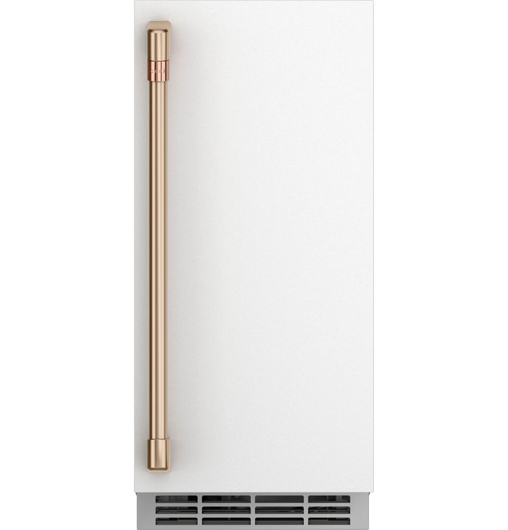 a white refrigerator freezer sitting on top of a metal shelf with a gold handle