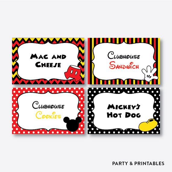 mickey mouse and friends party printables are shown in four different colors, including red,