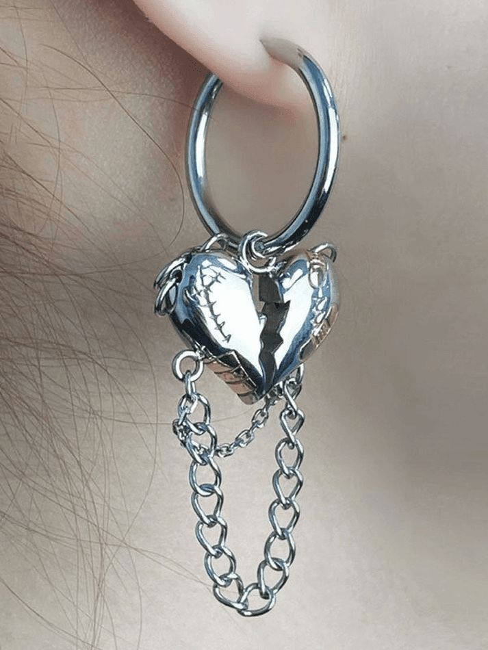 Heart Chain Drop Earring - HouseofHalley Metal Dangle Heart Earrings With Heart Charm, Silver Heart-shaped Punk Jewelry, Edgy Heart Charm Jewelry For Valentine's Day, Punk Style Heart-shaped Metal Jewelry, Edgy Silver Heart-shaped Jewelry, Edgy Heart-shaped Silver Jewelry, Pierced Metal Heart Pendant Jewelry, Edgy Chain Jewelry For Valentine's Day, Pierced Heart Pendant Jewelry