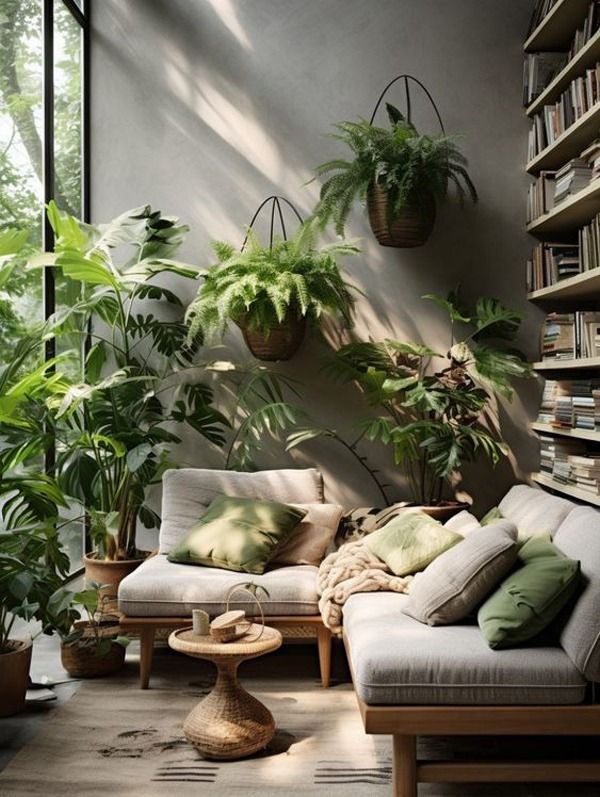 a living room filled with lots of plants and bookshelves on the wall next to a couch