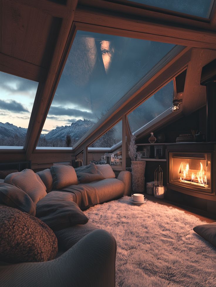 a living room filled with furniture and a fire place next to a window covered in snow