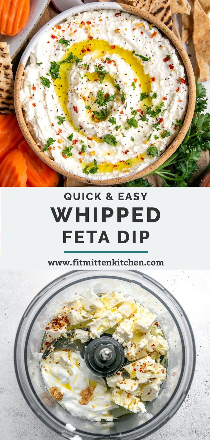 a food processor filled with whipped feta dip next to carrots and crackers