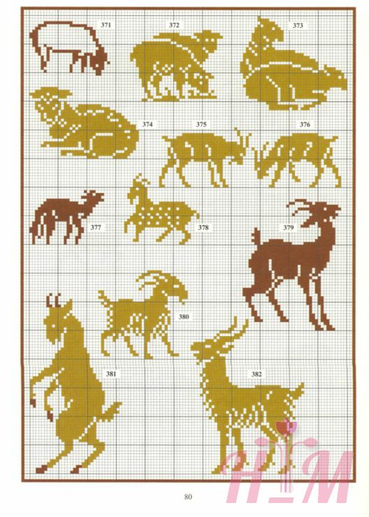 the cross stitch pattern shows different animals in various colors and sizes, including an antelope