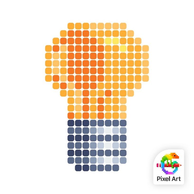 the pixel art logo is shown in orange, blue and yellow colors on a white background