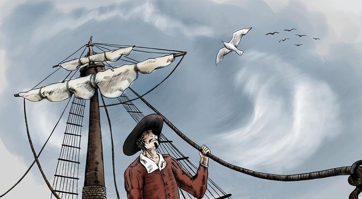 a man in a pirate costume standing on the deck of a ship with seagulls flying overhead