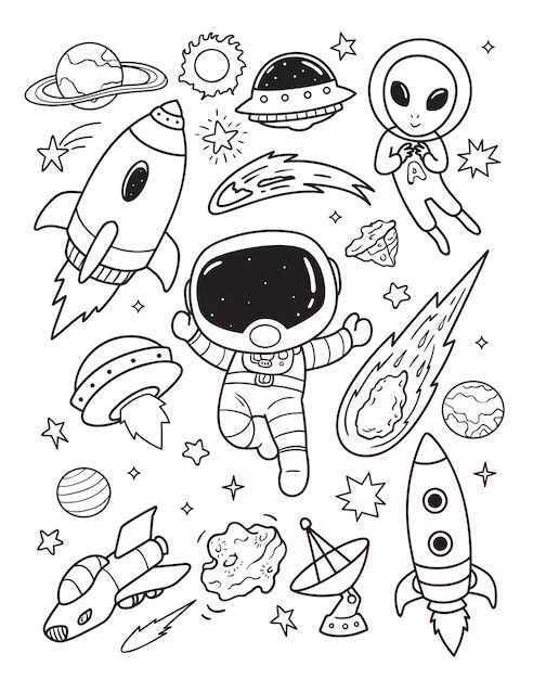 an astronaut coloring page with space and rockets