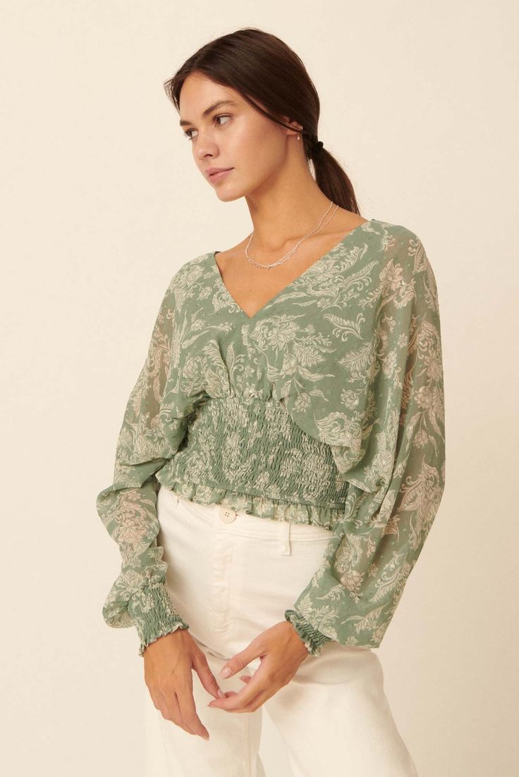 Renaissance Girl Smocked Floral Kimono Top - ShopPromesa Elastic Blouse Design, Spring Cottagecore Peasant Top With Long Sleeves, Spring Cottagecore Fitted Blouse, Flowy Long Sleeve Floral Peasant Top, Bohemian Long Sleeve Smocked Top With Floral Print, Flowy Floral Print Puff Sleeve Blouse, Blouses Outfit, Chiffon Outfit, Chiffon Crop Top