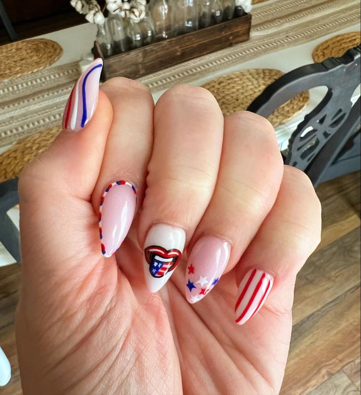 Red white and blue fourth of july almond nails Cute 4th Of July Nails Almond Shape, Short Almond Nails Fourth Of July, Almond Fourth Of July Nails, Almond Shape 4th Of July Nails, Almond Red White And Blue Nails, 4th Of July Nails, July Nails, Almond Nails, Fourth Of July