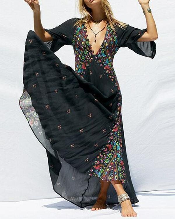 boho deep v neck tribal printed maxi dresses p94534 Casual Maxi Dress With Sleeves, Dark Bohemian Fashion, Boho Formal, Dark Bohemian, Bohemia Dress, Maxi Shift Dress, Maxi Dress Summer, Casual Maxi Dress, Summer Bodycon Dress