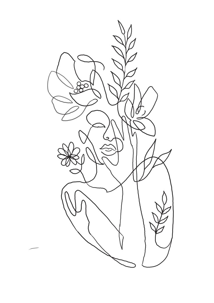 a black and white line drawing of flowers in a vase with leaves on the side