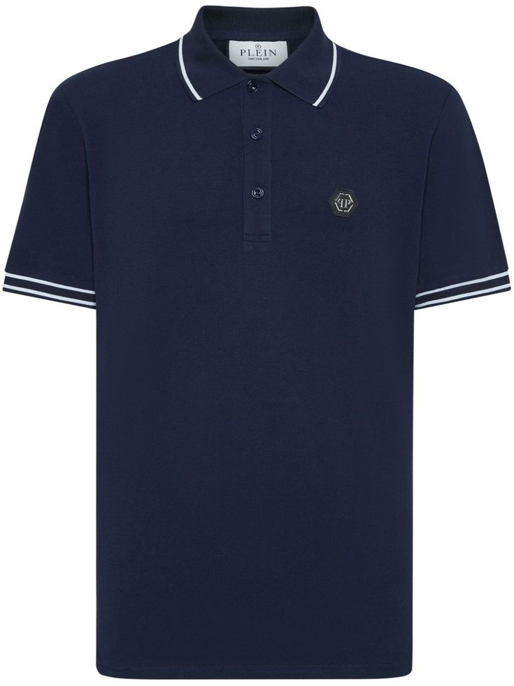 navy/white cotton logo patch at the chest contrasting border polo collar front button placket short sleeves straight hem Luxury Polo Shirt With Ribbed Collar, Luxury Polo Shirt With Ribbed Collar And Short Sleeves, Luxury Short Sleeve Polo Shirt With Ribbed Collar, Navy Polo Shirt With Embroidered Logo, Luxury Short Sleeve Polo Shirt With Striped Collar, Collared Cotton Polo Shirt With Logo, Cotton Collared Polo Shirt With Logo, Navy Polo Shirt With Contrast Collar, Navy Polo Shirt With Contrast Collar, Short Sleeve