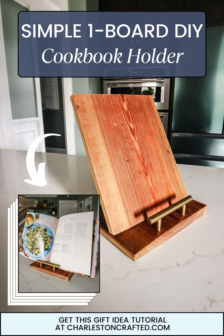 an open cookbook sitting on top of a counter next to a recipe book holder