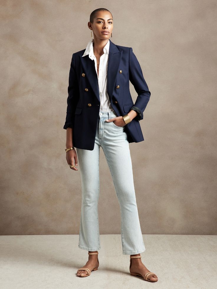 The Petite Crop-Boot Jean | Banana Republic Jacket Outfit Women, Bootcut Jean, Denim Blazer, Jacket Outfit, Outfit Women, Your Shoes, Veronica Beard, New Wardrobe, Smart Casual