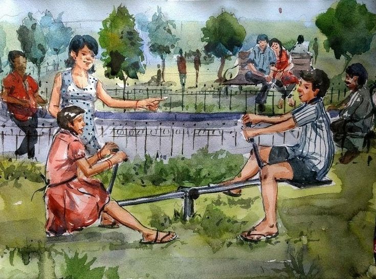 a watercolor painting of people sitting on a park bench and one is pointing at something