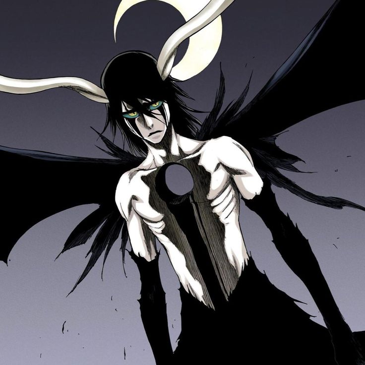 an anime character holding a knife in front of a full moon and black wings with white hair