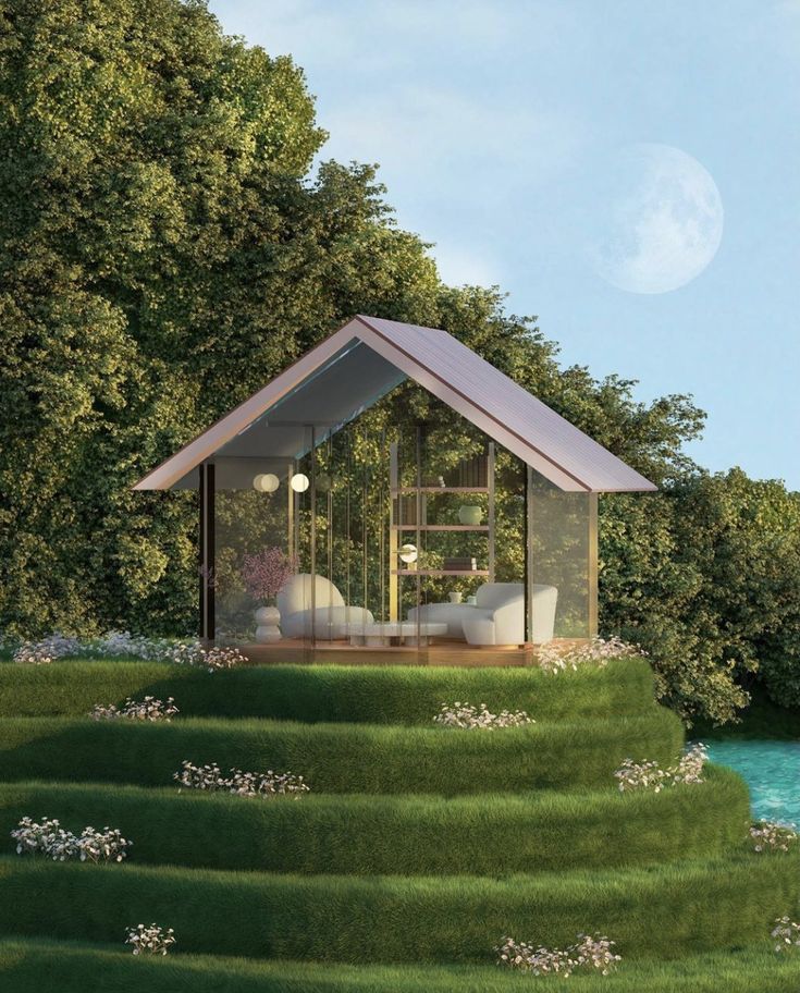 an artist's rendering of a house in the middle of some grass and trees