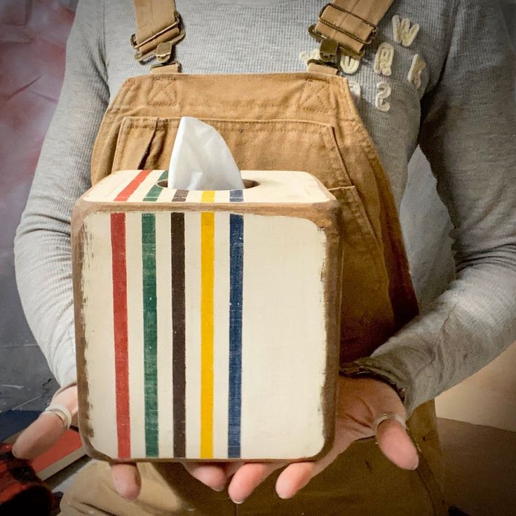 a person holding a box with a tissue dispenser in it's hands