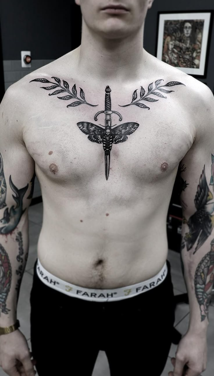 Black work traditional moth dagger torso tattoo Chest Tattoo Words, Rose And Dagger Tattoo, Traditional Dagger Tattoo, Black Work Tattoo, Alchemy Tattoo, Symmetrical Tattoo, Nature Tattoo Sleeve, Torso Tattoos, Knife Tattoo