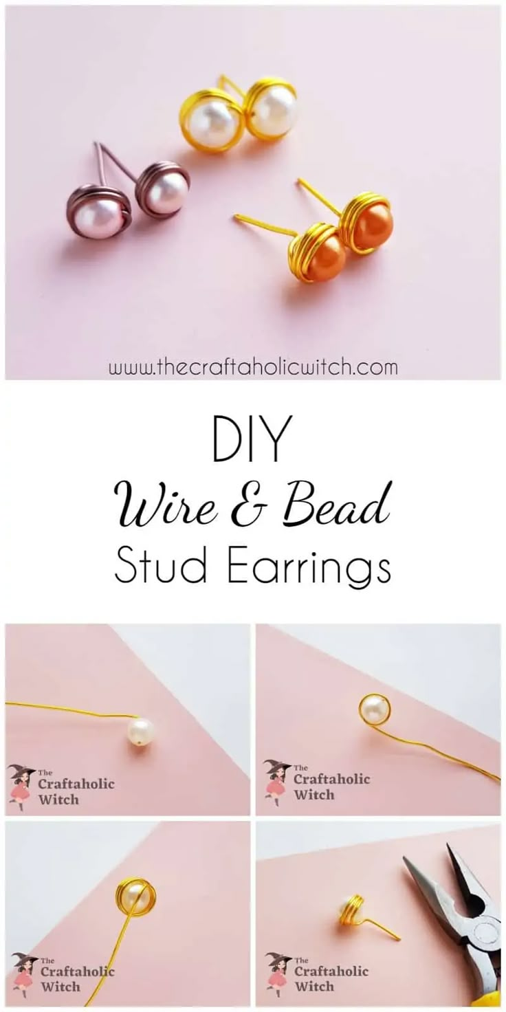 Complete stud earrings making tutorial. Learn how to make beautiful  stud earrings with just wire and beads Stud Wire Earrings, Easy Earrings Diy Simple Wire Jewelry, Wire Wrap Stud Earrings, Wire Stud Earrings Diy, How To Make Simple Earrings, Making Stud Earrings, Wire Wrapped Stud Earrings, How To Make Stud Earrings Diy, Homemade Stud Earrings