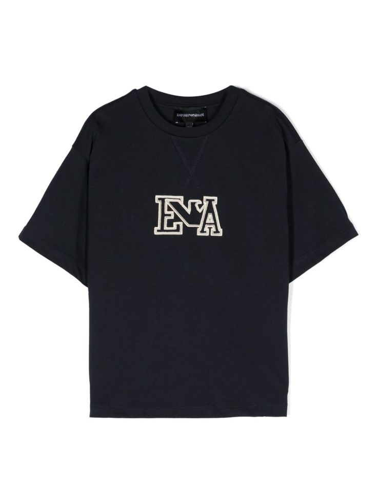 blue/white cotton lightweight jersey ribbed trim embroidered logo to the front crew neck drop shoulder short sleeves straight hem Armani Kids, Kids Logo, Boys Top, Boys T Shirts, Logo Embroidered, Emporio Armani, Drop Shoulder, Boy's Clothing, Cotton T Shirt