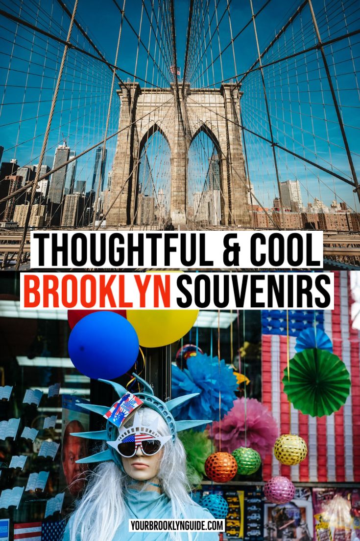 the brooklyn bridge is in the background with text that reads, thoughtful & cool brooklyn n souvenirs