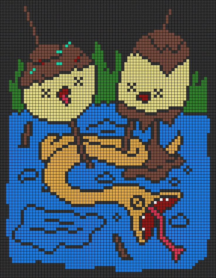 a cross stitch pattern with two cartoon characters