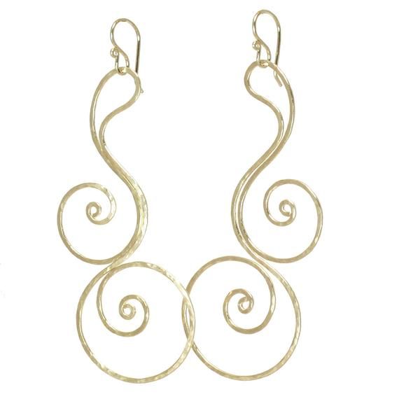 Hammered swirl dangle earrings Nouveau 92 Elegant Gold Spiral Wrap Earrings, Elegant Spiral Wire Wrapped Hoop Earrings, Gold Handmade Swirl Jewelry, Gold Swirl Handmade Jewelry, Elegant Swirl Wire Wrapped Earrings, Handmade Gold Swirl Jewelry, Elegant Swirl Shaped Hand Forged Earrings, Gold Swirl-shaped Handmade Jewelry, Elegant Hand Forged Swirl Earrings