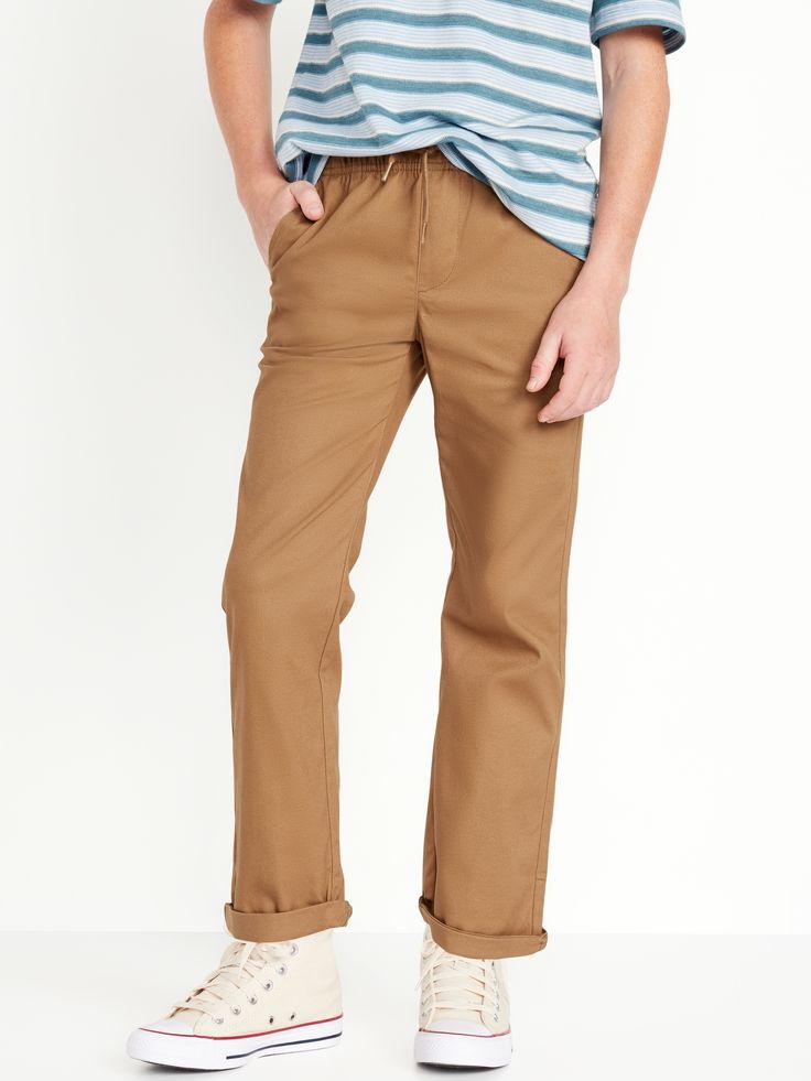 elastic-drawstring waist faux fly diagonal front pockets single back patch pocket easy pull-on style sits at waist straight hip and thigh straight leg Pants For Boys, Pants Brown, Back Patch, Pull On Pants, Drawstring Waist, Patch Pocket, Old Navy, Built In, Straight Leg