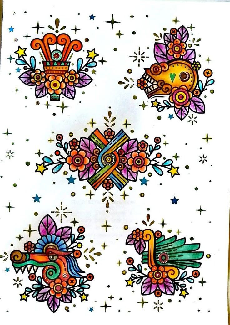 four colorful designs on white paper with stars