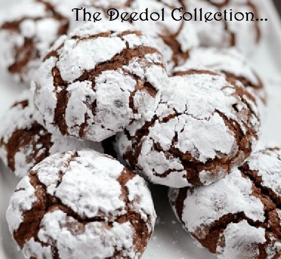 powdered sugar covered chocolate crinkle cookies on a white platter with text overlay