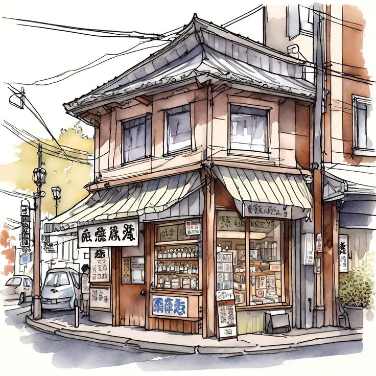 Urban Buildings Sketch, City Corner Drawing, Japanese Building Sketch, Japan Building Drawing, Japanese Store Drawing, Korean Building Drawing, Japanese City Drawing, Japanese Shop Drawing, China Town Drawing