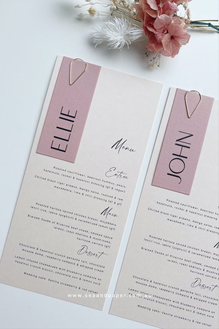 Custom Wedding Menus on Almond Card paired with Rose Nam Tags and our Gold Teardrop Paperclips Cricut Wedding Menu Cards, Wedding Invite Paperclip, Wedding Menu Placecard, Wedding Menus And Place Cards, Wedding Menu Inspiration, Menu And Name Card Wedding, Name Settings Wedding, Menu Wedding Ideas, Wedding Menu Design