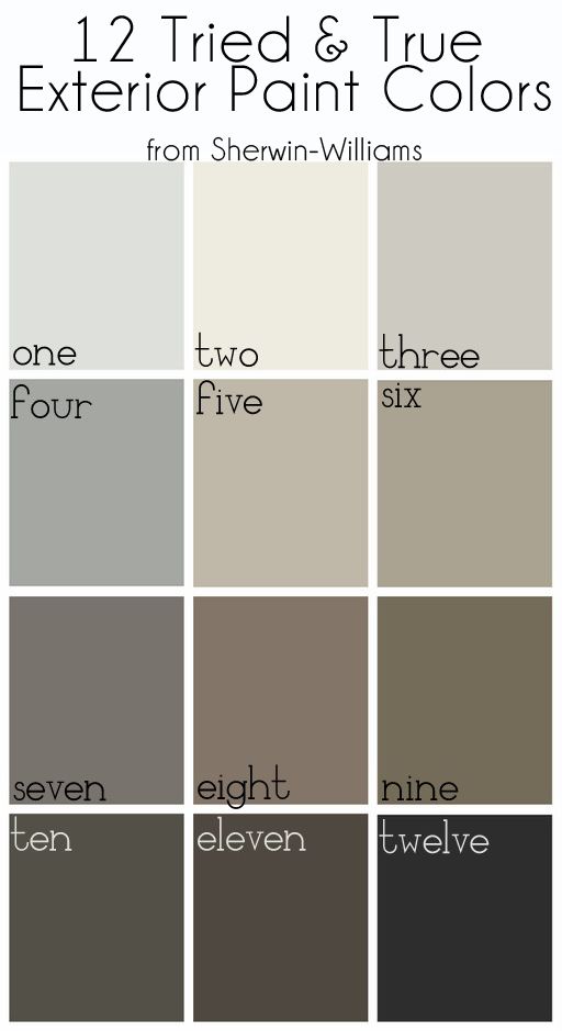 twelve different shades of gray paint with the words 12 tried & true exterior paint colors from shelving - williams