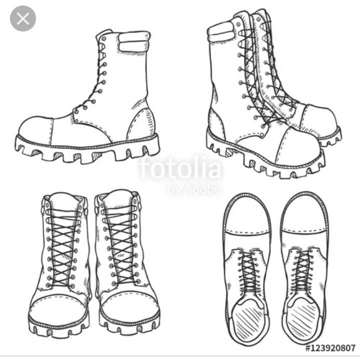 four different types of boots with laces on the top and bottom, in black and white