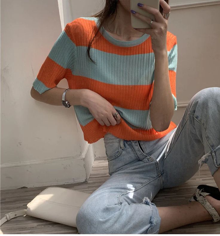 Loose Short Sleeve Striped Shirt – Tomscloth Green Tops For Spring, Trendy Cotton Tops With Color Matching, Spring Crew Neck Top With Color Matching, Trendy Spring Tops With Color Matching, Trendy Orange Color Block Tops, Evening Party Outfit, Tomboy Aesthetic, 90s Y2k Fashion, Coquette Grunge