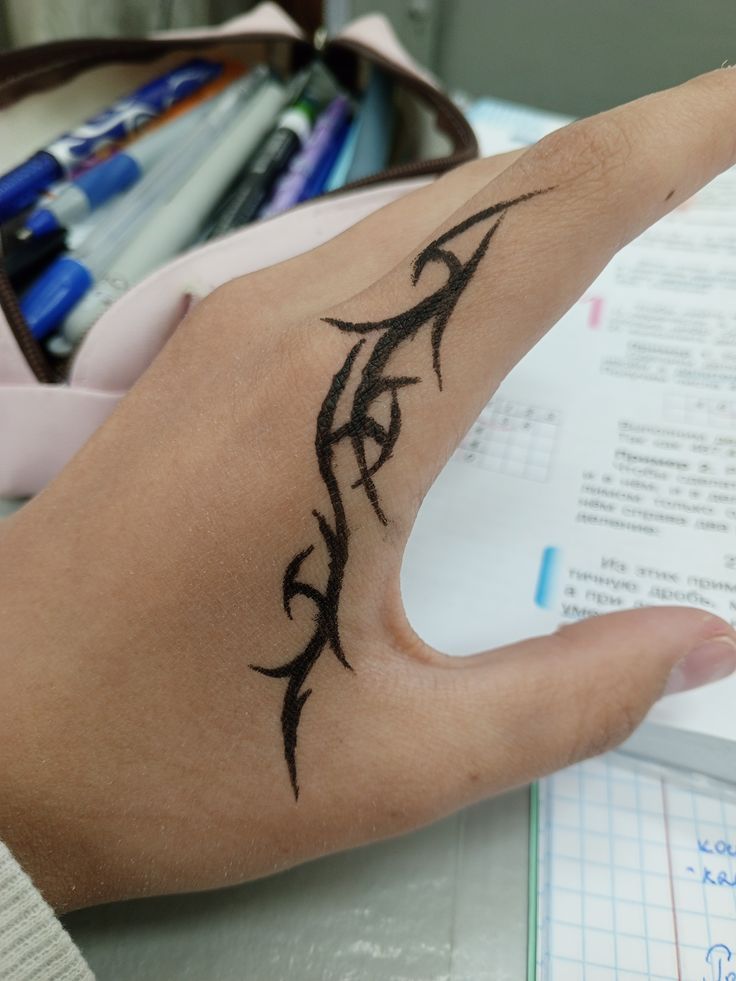 a person's hand with a tattoo on it and some pencils in the background