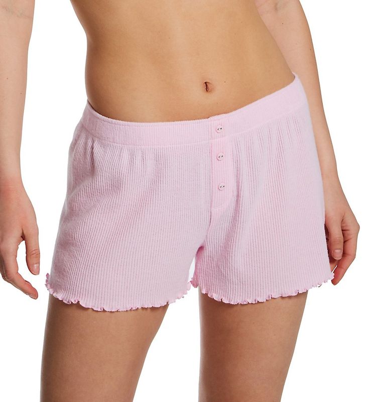 Ribbed knit shorts can be paired with your favorite sleepwear top for a comfortable style that can also be worn for going out. Covered elastic waistband for close fit. Faux fly front with 3 decorative buttons. Leg openings have lettuce edge. Ribbed knit has peachy, textured surface. Lightweight knit shorts are soft. Comfy for warm weather lounge and sleep. Loose fit. PJ Salvage Women's Textured Essentials RIb Peachy Short in Pastel Pink | Size XL | HerRoom.com Cotton Sleepwear With Built-in Shorts, Comfortable Pajama Shorts For Spring Sleepover, Relaxed Fit Sleepwear With Built-in Shorts, Comfortable Pink Pajama Shorts For Summer, Cozy Cotton Shorts For Relaxation, Cotton Pajama Shorts For Relaxation, Short Sleepwear For Spring Sleepover, Pink Cotton Pajama Shorts For Lounging, Spring Cotton Pajama Shorts For Relaxation