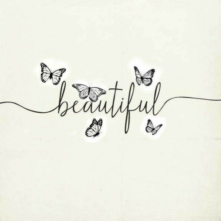 the word beautiful written in black ink with butterflies flying around it on a white background