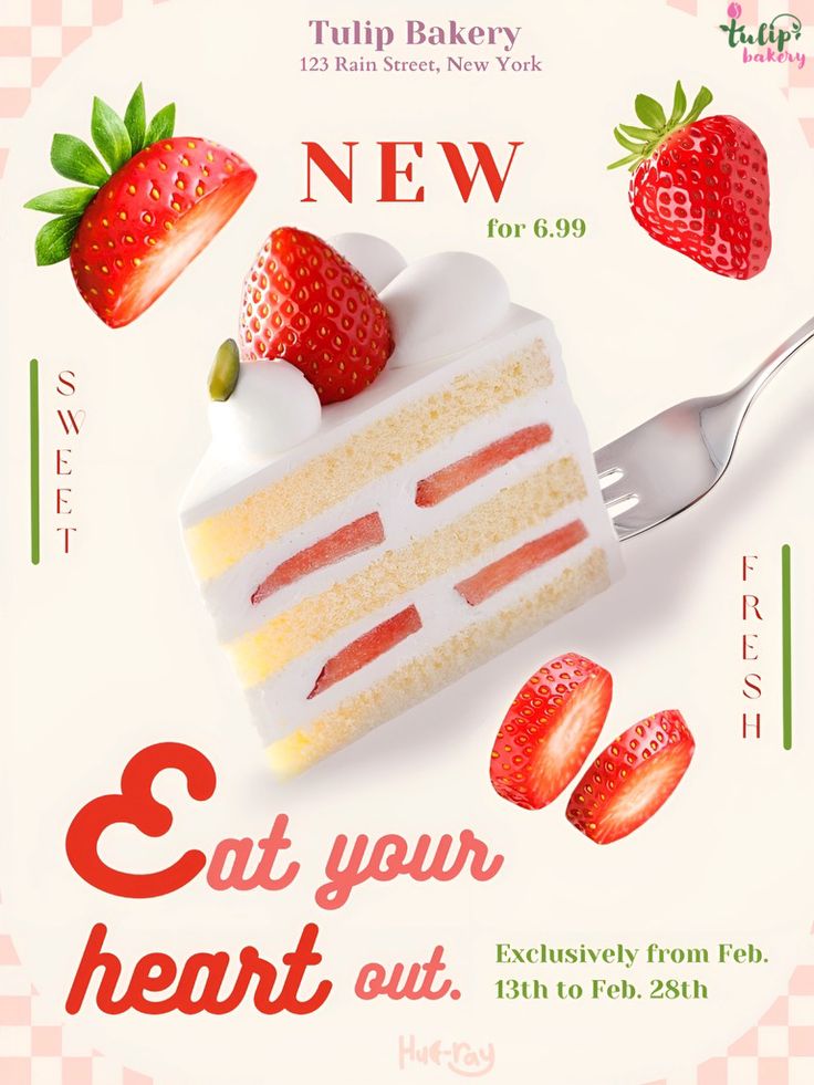 an advertisement for a cake shop with strawberries on top and the words eat your heart out