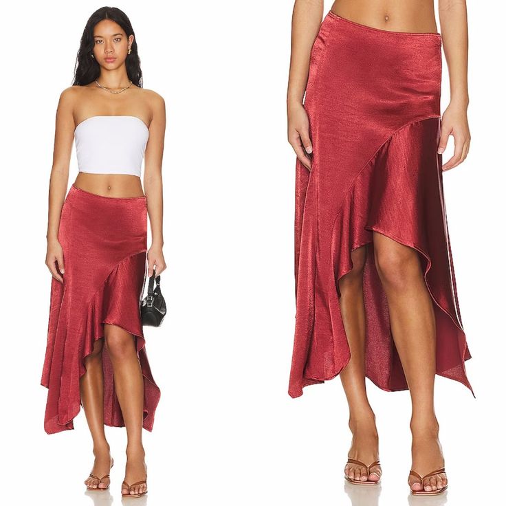 So Sleek And Sultry, This Stunning Skirt Will Turn Heads At Every Occasion. Color: Russet Acorn 100% Polyester Unlined Hidden Side Zipper Closure Thick Flowy Satin Fabric With Handkerchief Hem Asymmetrical Hemline Size 12 Waist: 34'' , Length: 22''(Shortest) 38''(Longest) New Without Tag, Tag String Still Attached B-56(10) Chic Asymmetrical Skirt For Brunch, Fall Asymmetrical Skirt For Date Night, Spring Party Bottoms With High-low Hem, Chic Bottoms With Asymmetrical Hem For Party, Asymmetrical Lined Maxi Skirt For Party, Chic Asymmetrical Hem Bottoms For Party, Chic High-low Hem Party Skirt, Fitted Skirt With Asymmetrical Hem For Date Night, Asymmetrical Hem Skirt For Date Night