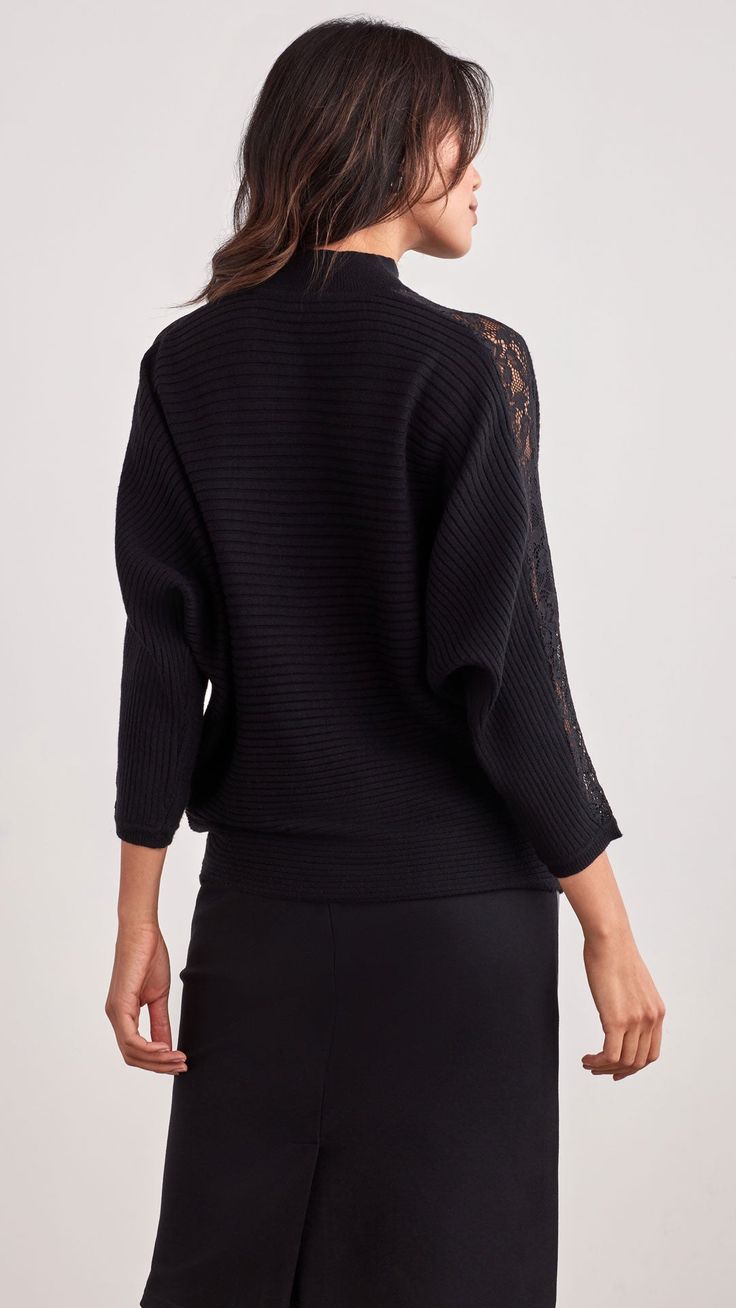 This perfectly feminine Lace Trim Ottoman Sweater is equal parts alluring and elegant, with classic ribbed sweater styling and delicate lace sleeve details. Lace Sleeve Details 3/4 Sleeve Mock Neck Sweater Styling, Ellen Tracy, Black Xs, Ribbed Sweater, Sleeve Detail, Lace Sleeves, Sweater Fashion, Black Sweaters, Mock Neck