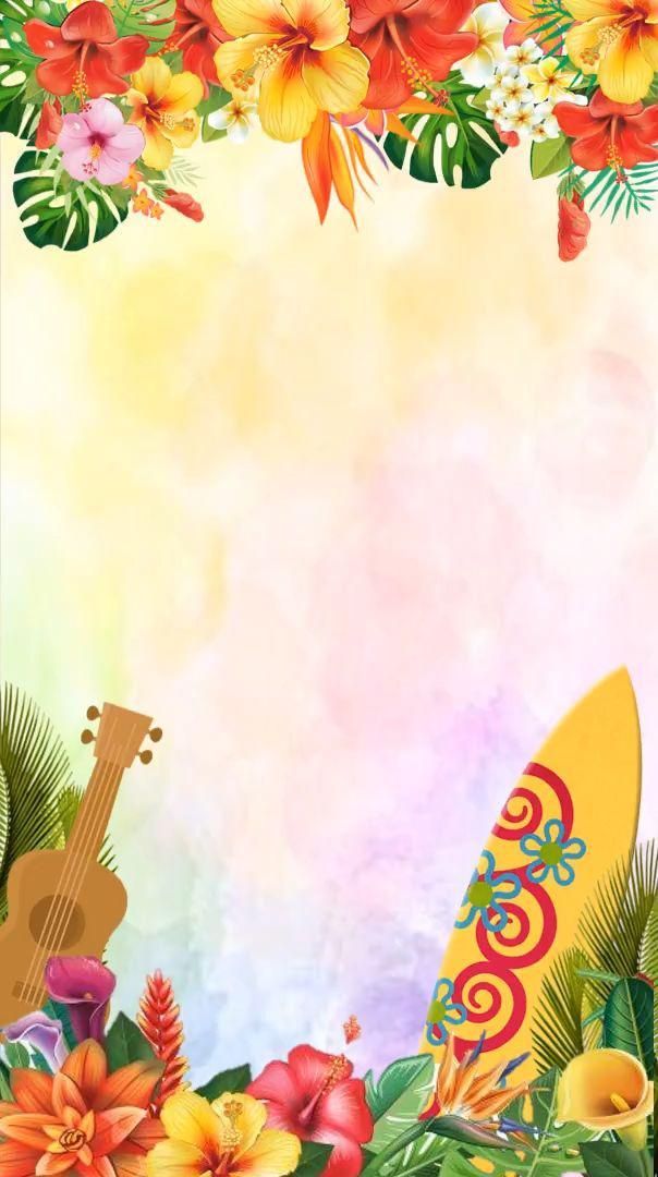 a colorful background with flowers, surfboards and an orange flowered guitar in the foreground