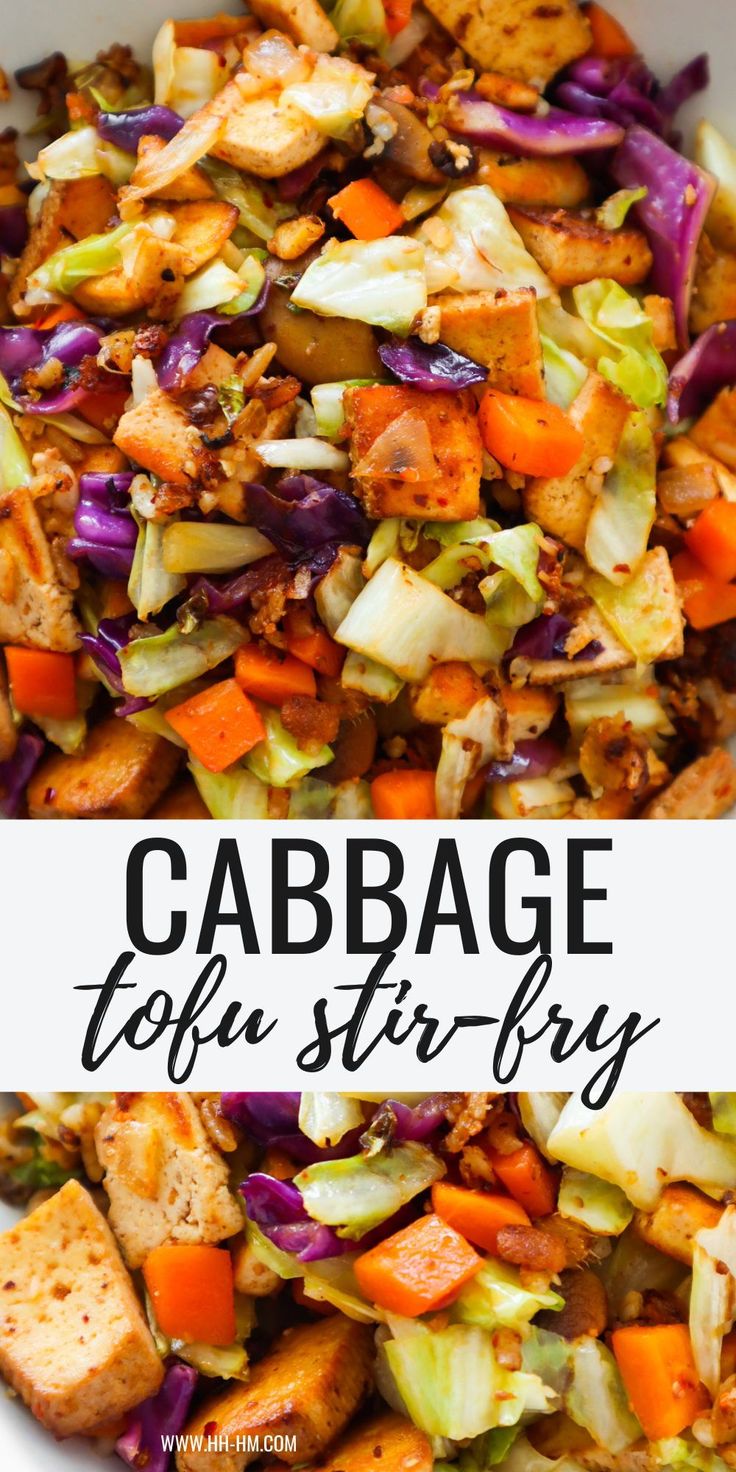 cabbage tofu stir fry in a white bowl with text overlay that reads cabbage tofu stir fry