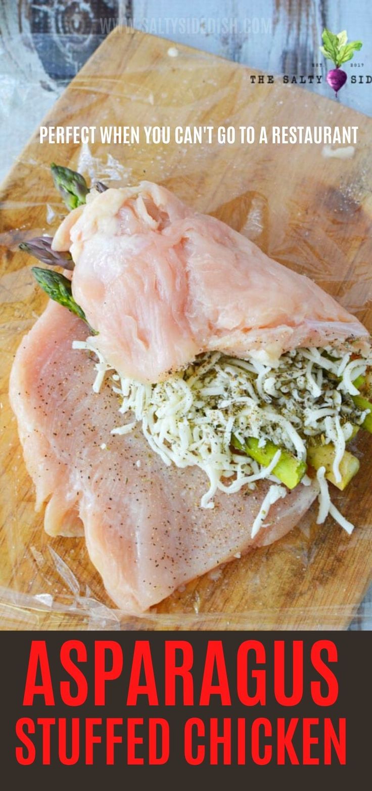 the ingredients for asparagus stuffed chicken on a cutting board with text overlay