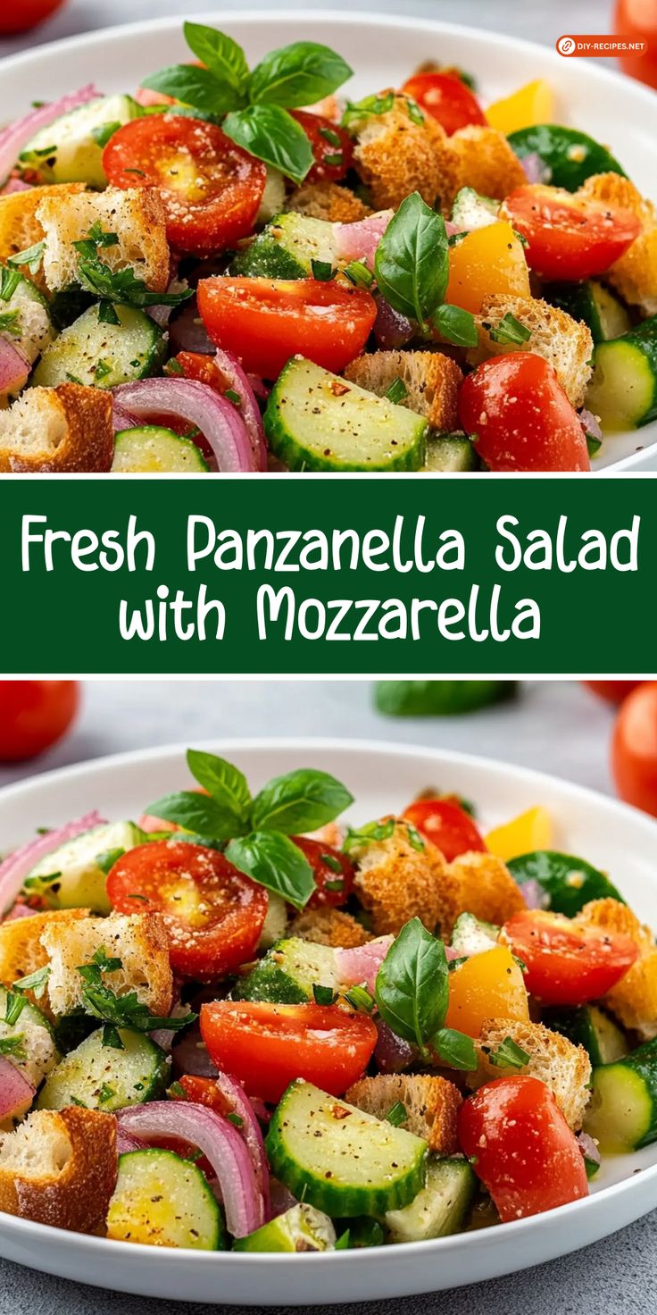 fresh, panzanlla salad with mozzarella and tomatoes in a white bowl