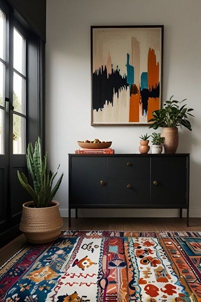 a room with a rug, potted plants and a painting on the wall